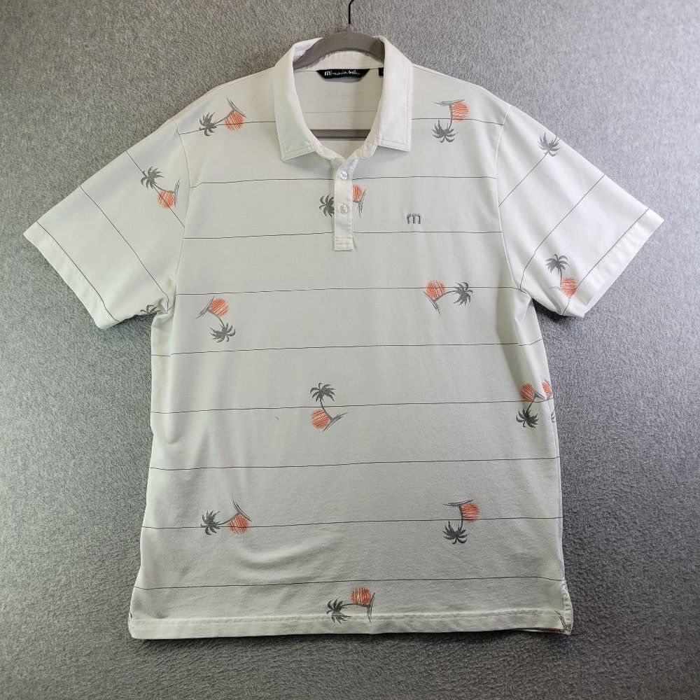 Travis Mathew Polo Shirt Mens Extra Large White Striped Palm Tree Sunset Golf